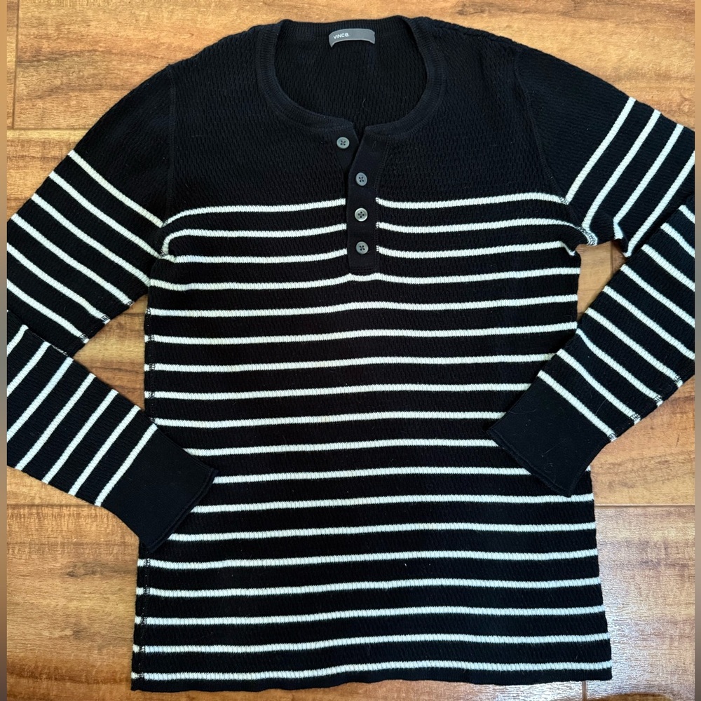 Vince Black and White Striped Henley Sweater